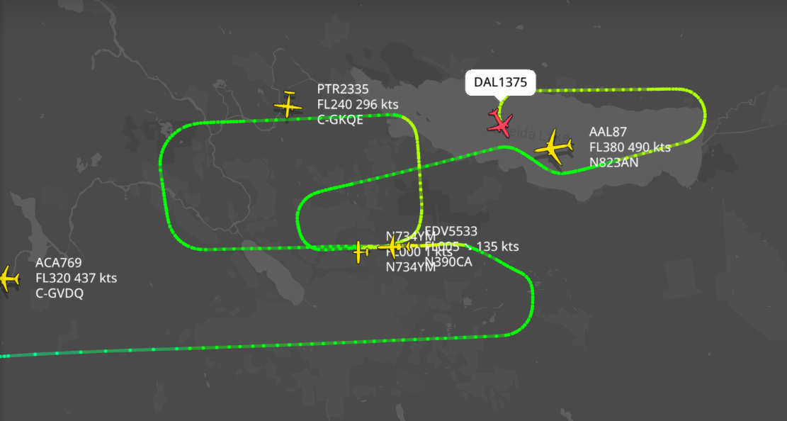Air traffic flight tracking showing path of Delta1375